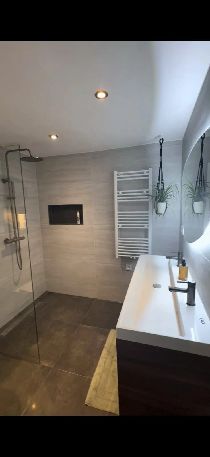 Inloopdouche met een glazen wand en een zwarte nis, een handdoekradiator met hangplanten en een lange witte wasbak